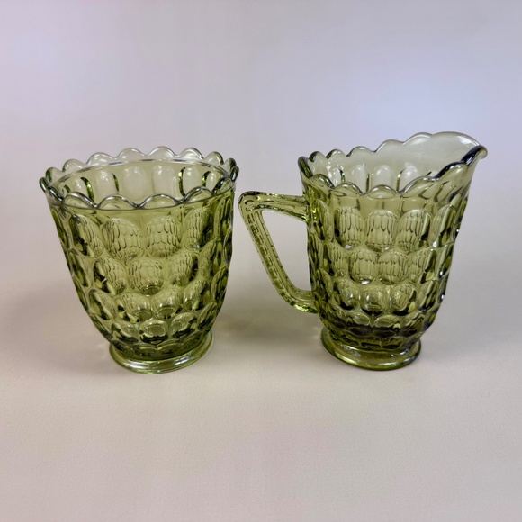 Vintage Fenton Green Thumbprint Glass Creamer & Sugar Bowl Set | Mid-Century - Picture 6 of 14